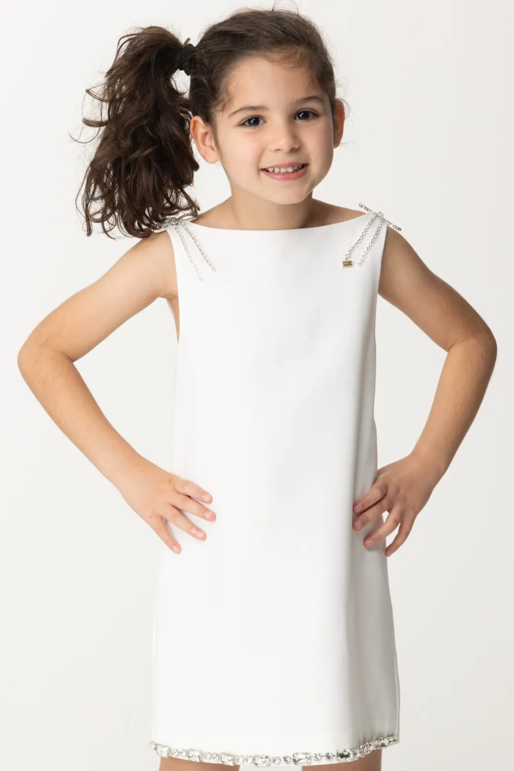 Elisabetta Franchi Bambina Abito con Ricamo Di Castoni e FiocchiLIGHT CREAM