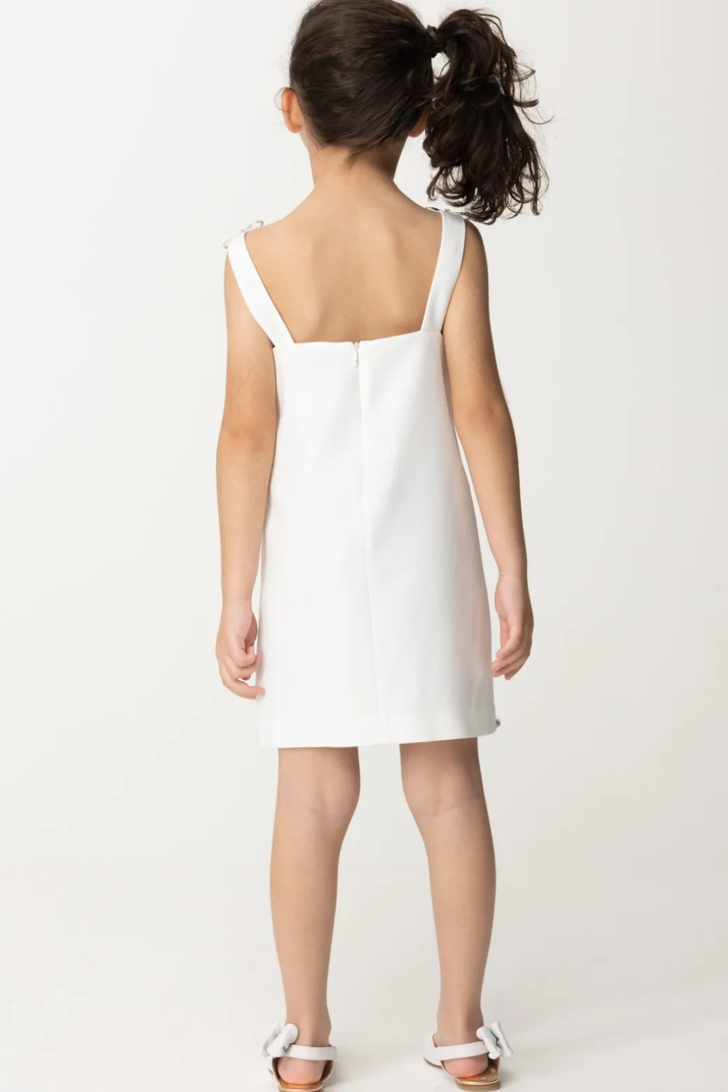 Elisabetta Franchi Bambina Abito con Ricamo Di Castoni e FiocchiLIGHT CREAM