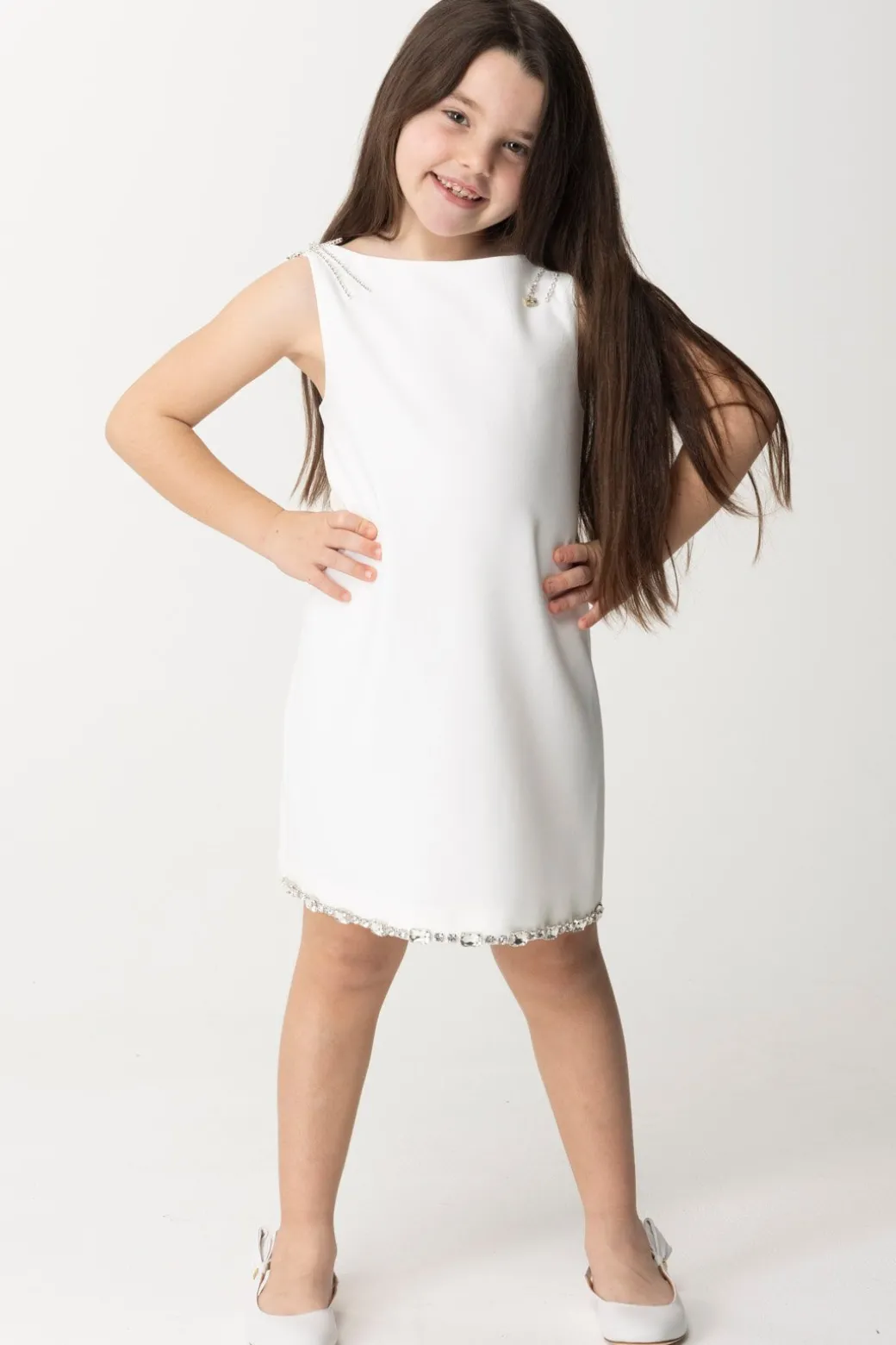 Elisabetta Franchi Bambina Abito con Ricamo Di Castoni e FiocchiLIGHT CREAM