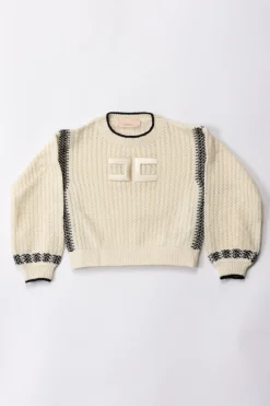 Elisabetta Franchi Bambina Maglia con Ricamo e Dettagli a ContrastoBUTTER/BLACK/BLACK