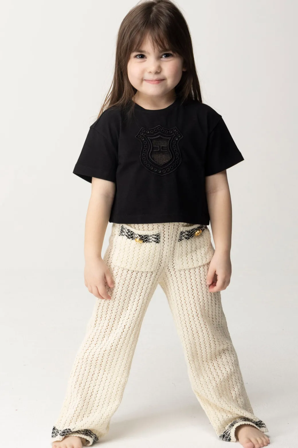 Elisabetta Franchi Bambina Pantaloni Tricot con Tasche FrontaliBUTTER/BLACK/BLACK
