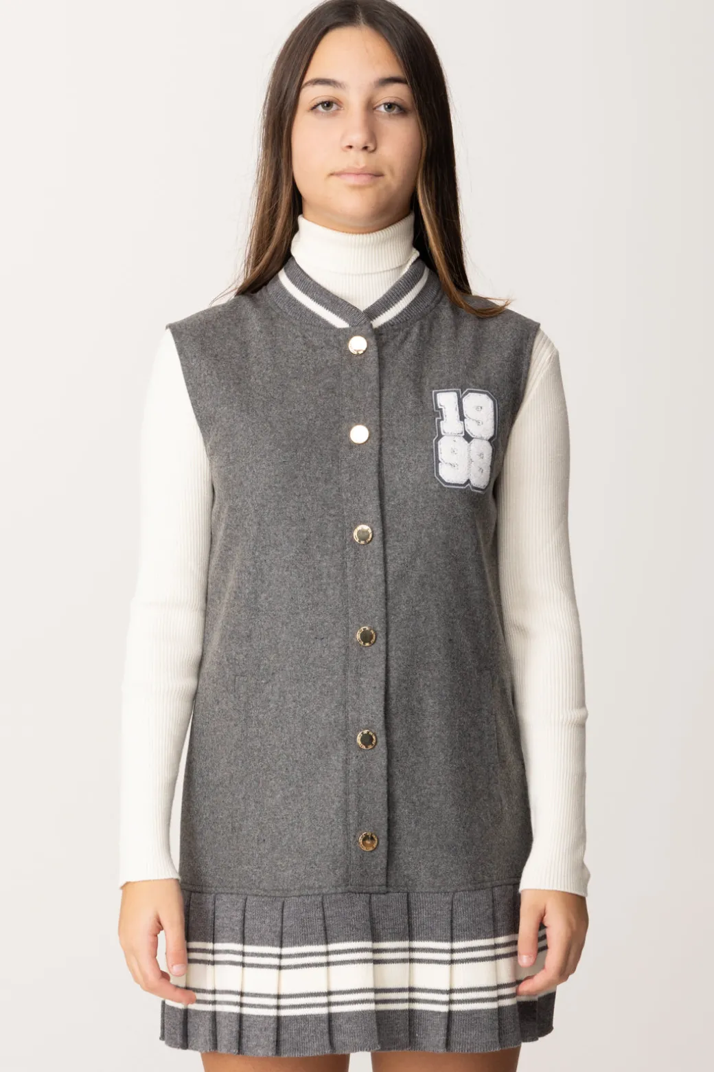 Elisabetta Franchi Bambina Scamiciato In Lana Stile College con PiegheSTEEL/AVORIO-STEEL