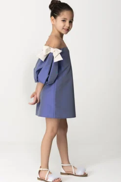 Elisabetta Franchi Bambina Abito con Maniche a Palloncino e FiocchiNAKED/INDIGO BLUE/BUTTER