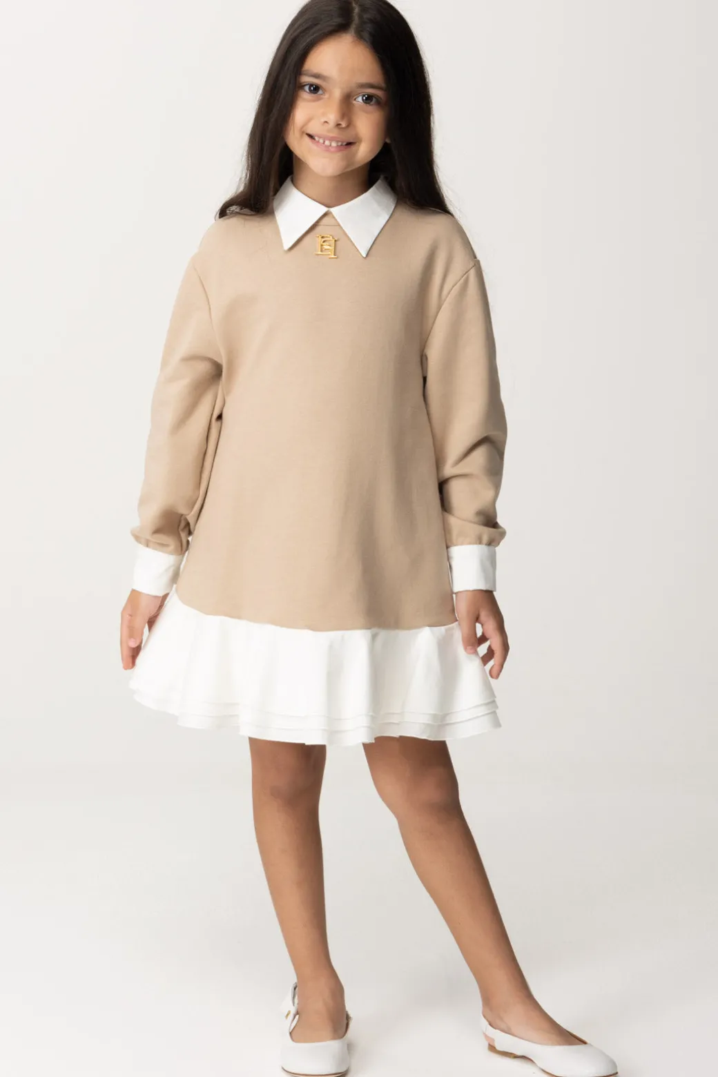 Elisabetta Franchi Bambina Abito In Felpa con VolantSAND/IVORY/IVORY