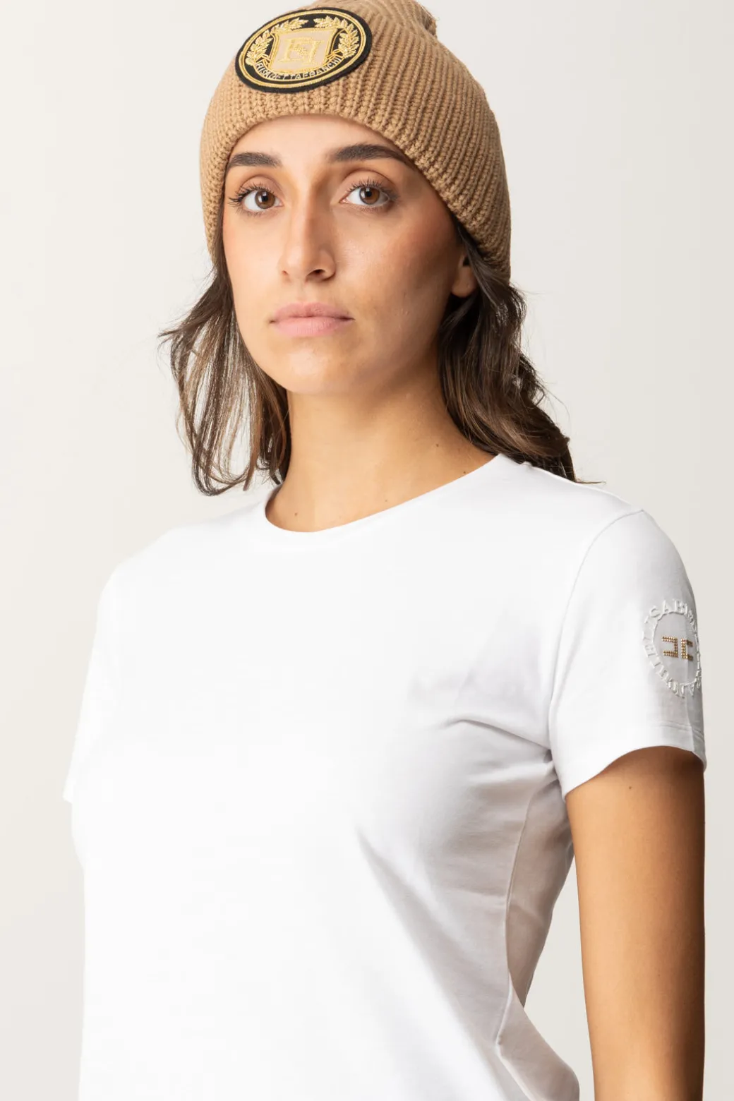 Elisabetta Franchi Beanie In Lana con Patch LogoCAMEL