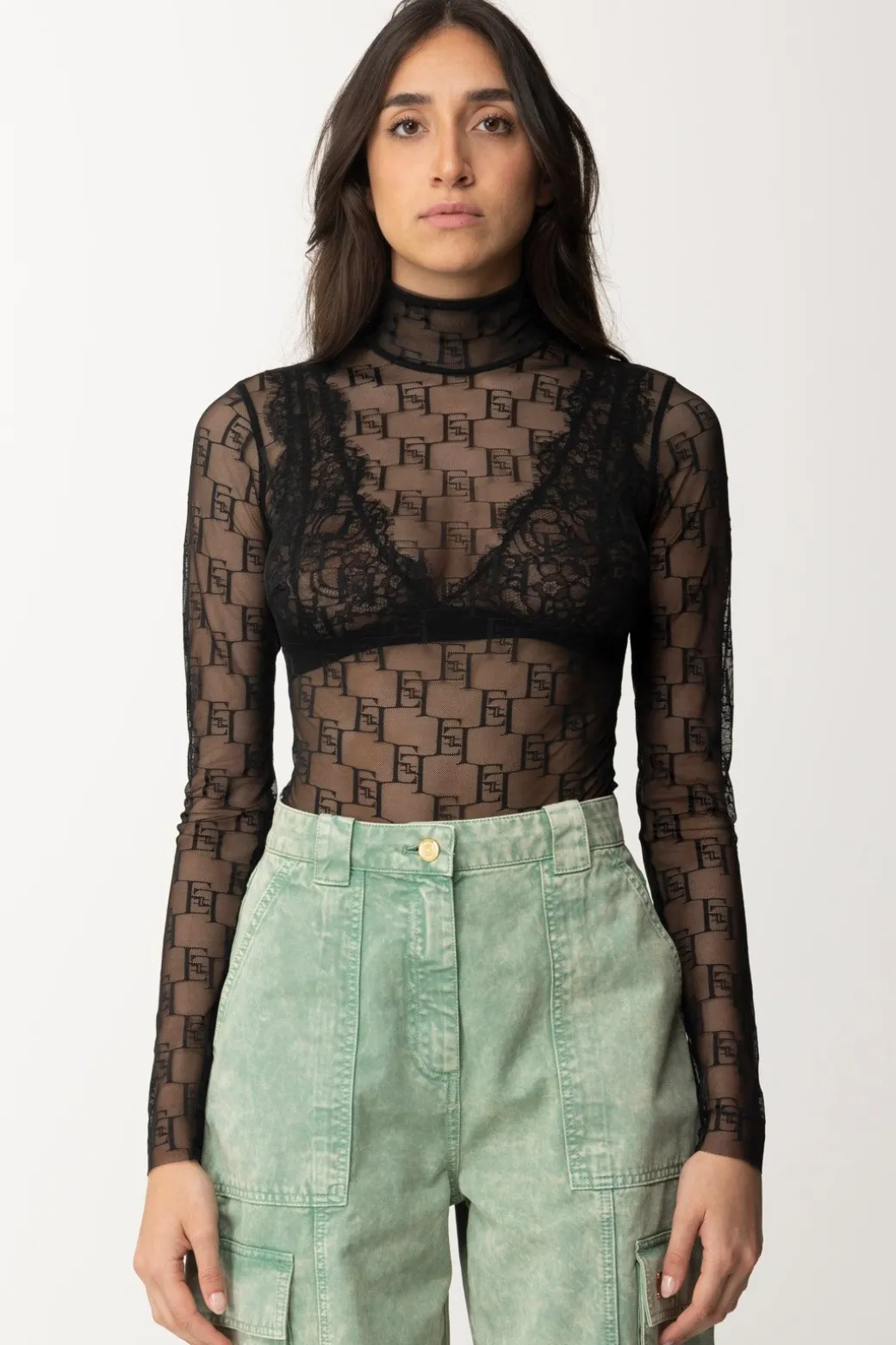 Elisabetta Franchi Body In Tulle LogatoNERO