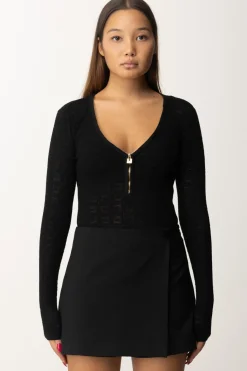 Elisabetta Franchi Body In Punto Rete con Pattern LogoNERO