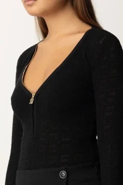 Elisabetta Franchi Body In Punto Rete con Pattern LogoNERO