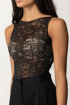Elisabetta Franchi Body In Tulle Smanicato con LetteringNERO