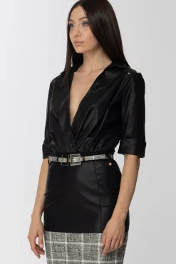 Elisabetta Franchi Bodyin Ecopelle con Scollo a IncrocioNERO