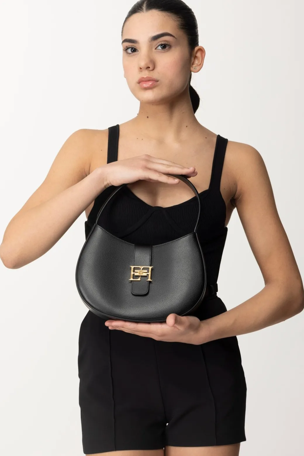 Elisabetta Franchi Borsa Hobo Grande con LogoNERO