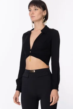 Elisabetta Franchi Camicia Crop con Piercing e NappaNERO