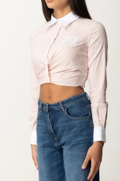 Elisabetta Franchi Camicia Crop a Righe con DrappeggioPOWDER PINK/BIANCO