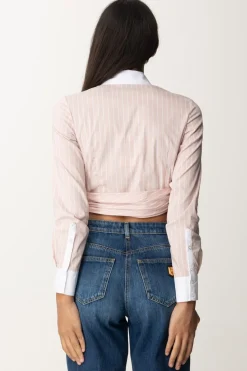 Elisabetta Franchi Camicia Crop a Righe con DrappeggioPOWDER PINK/BIANCO