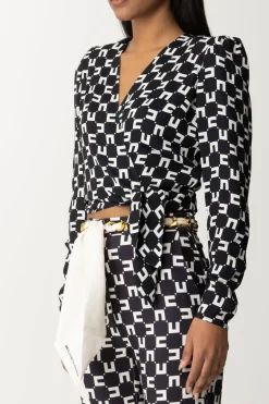 Elisabetta Franchi Camicia Crop Stampa Logo con NodoNERO/BURRO