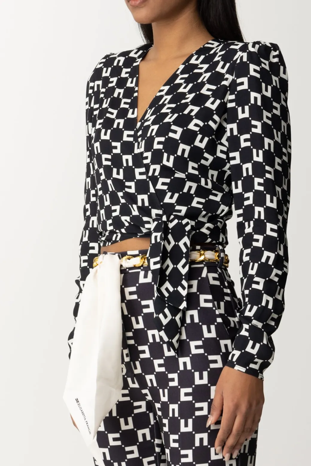 Elisabetta Franchi Camicia Crop Stampa Logo con NodoNERO/BURRO