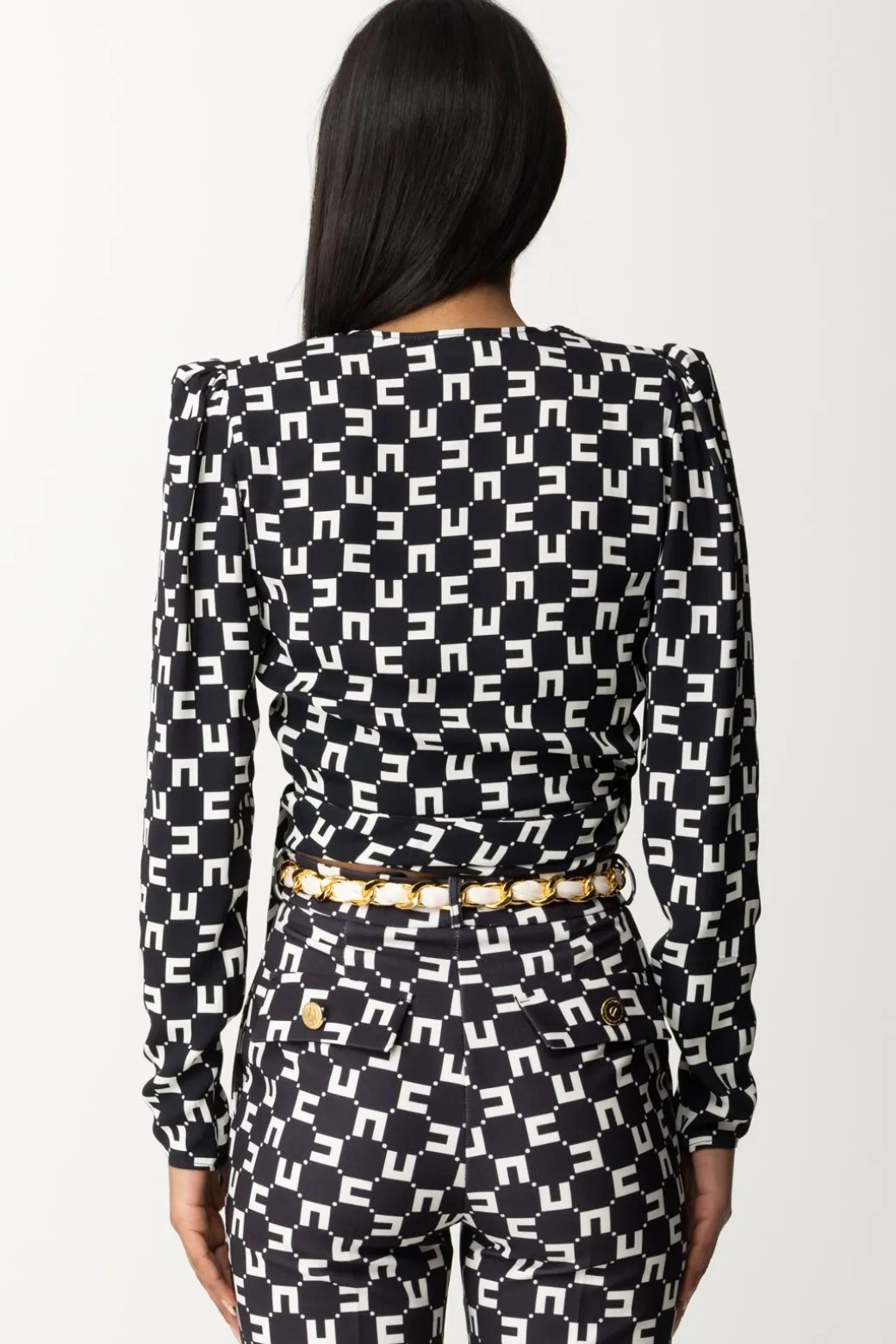 Elisabetta Franchi Camicia Crop Stampa Logo con NodoNERO/BURRO