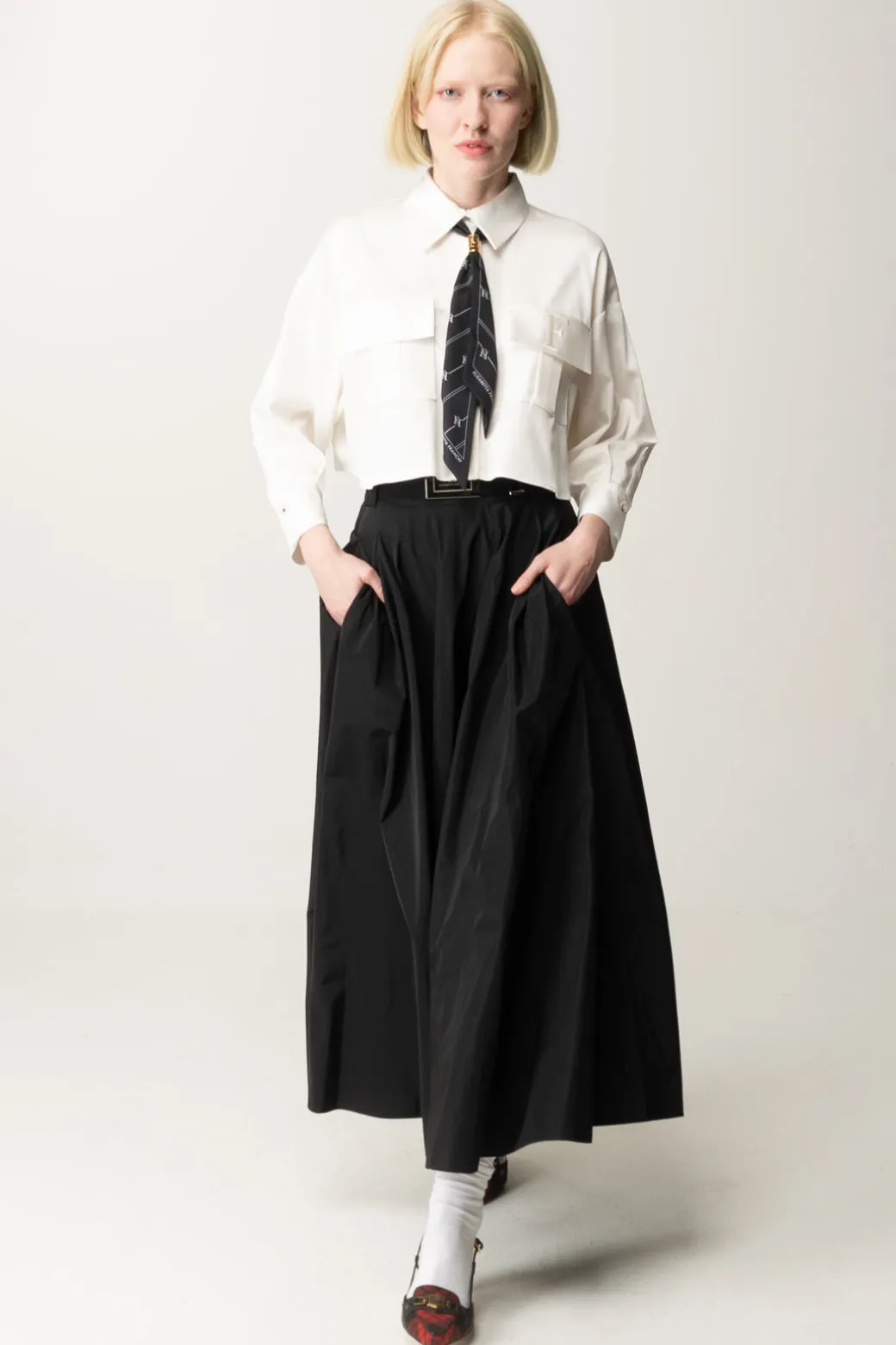 Elisabetta Franchi Camicia Crop In Raso con FoulardBIANCO