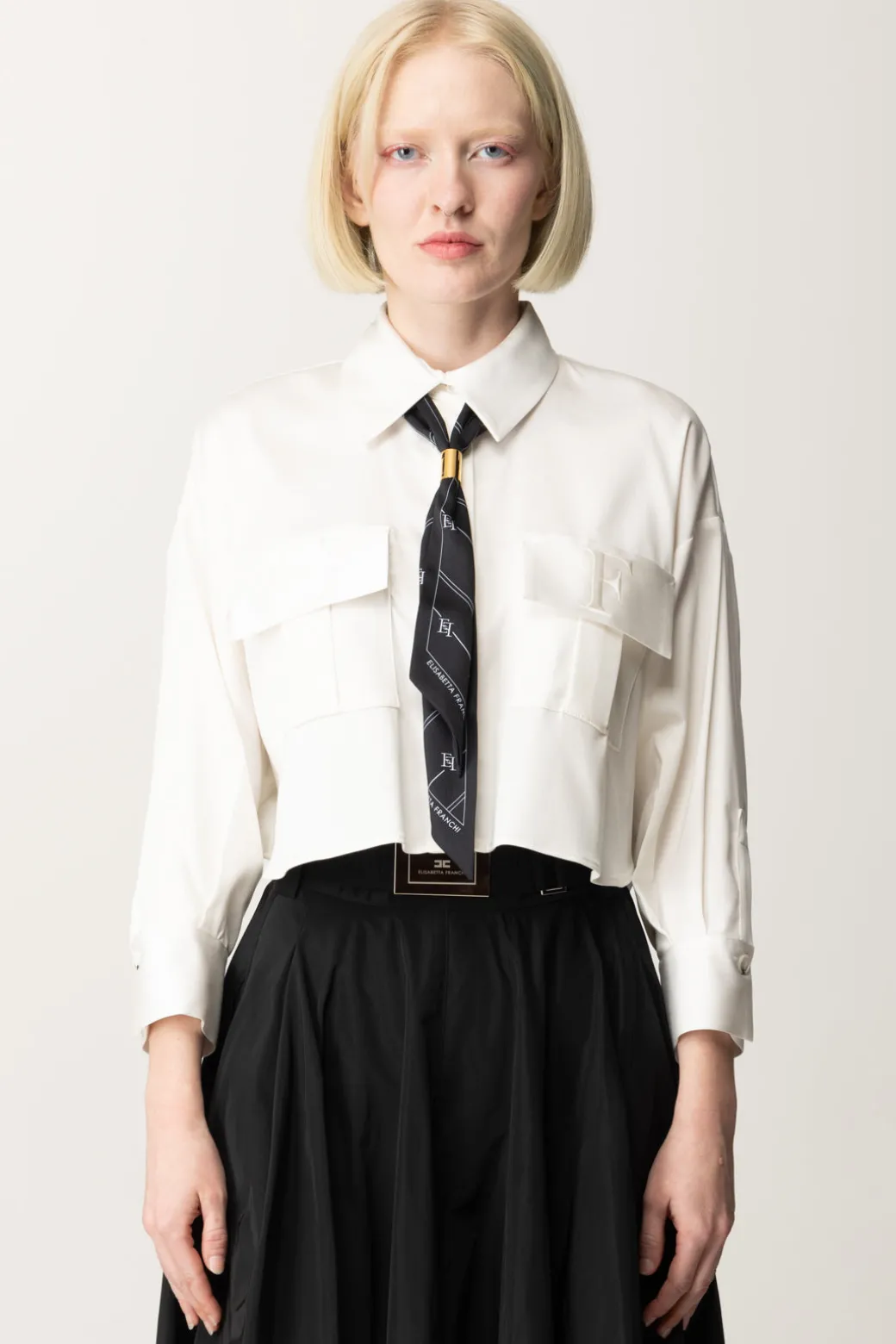 Elisabetta Franchi Camicia Crop In Raso con FoulardBIANCO