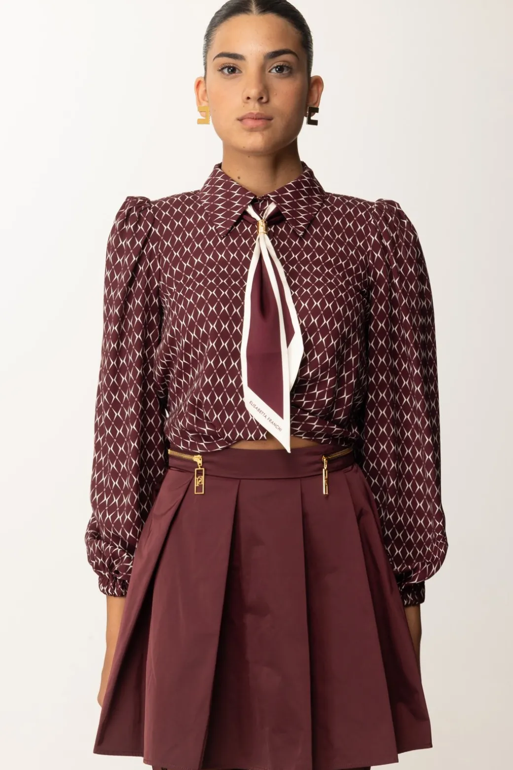 Elisabetta Franchi Camicia Corta In Georgette con FoulardROUGE NOIR/BURRO