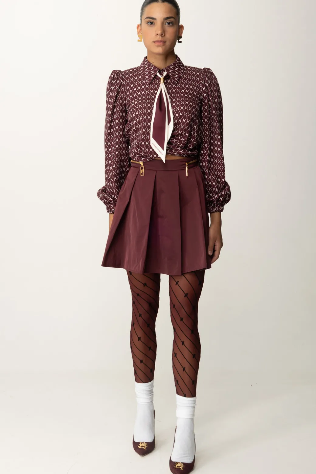 Elisabetta Franchi Camicia Corta In Georgette con FoulardROUGE NOIR/BURRO