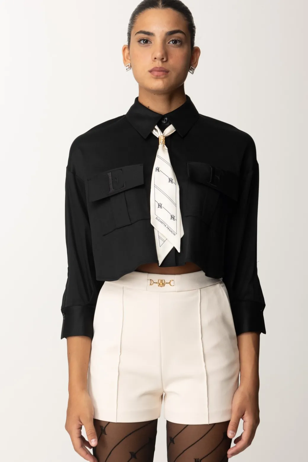 Elisabetta Franchi Camicia Crop In Raso con FoulardNERO