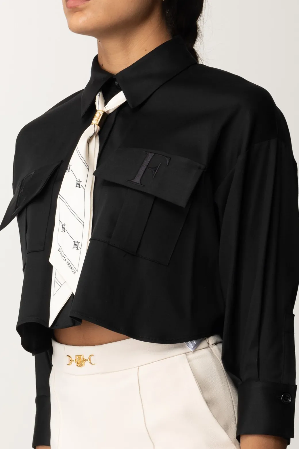 Elisabetta Franchi Camicia Crop In Raso con FoulardNERO