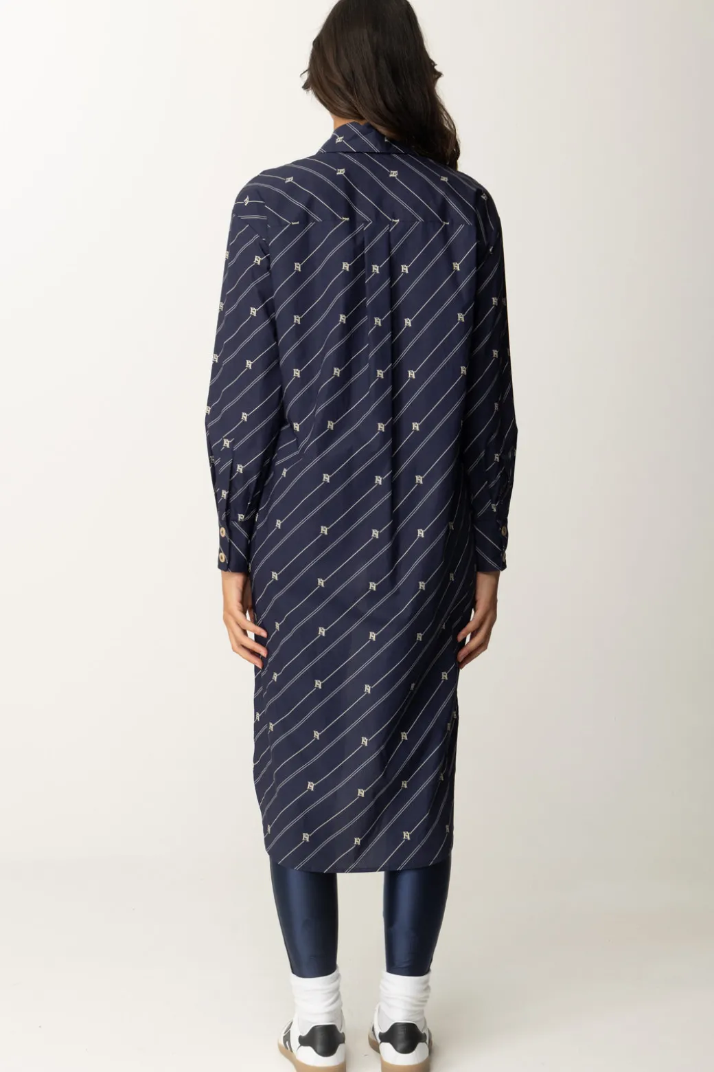 Elisabetta Franchi Camicia Asimmetrica con Stampa Righe e LogoNAVY/CREMA