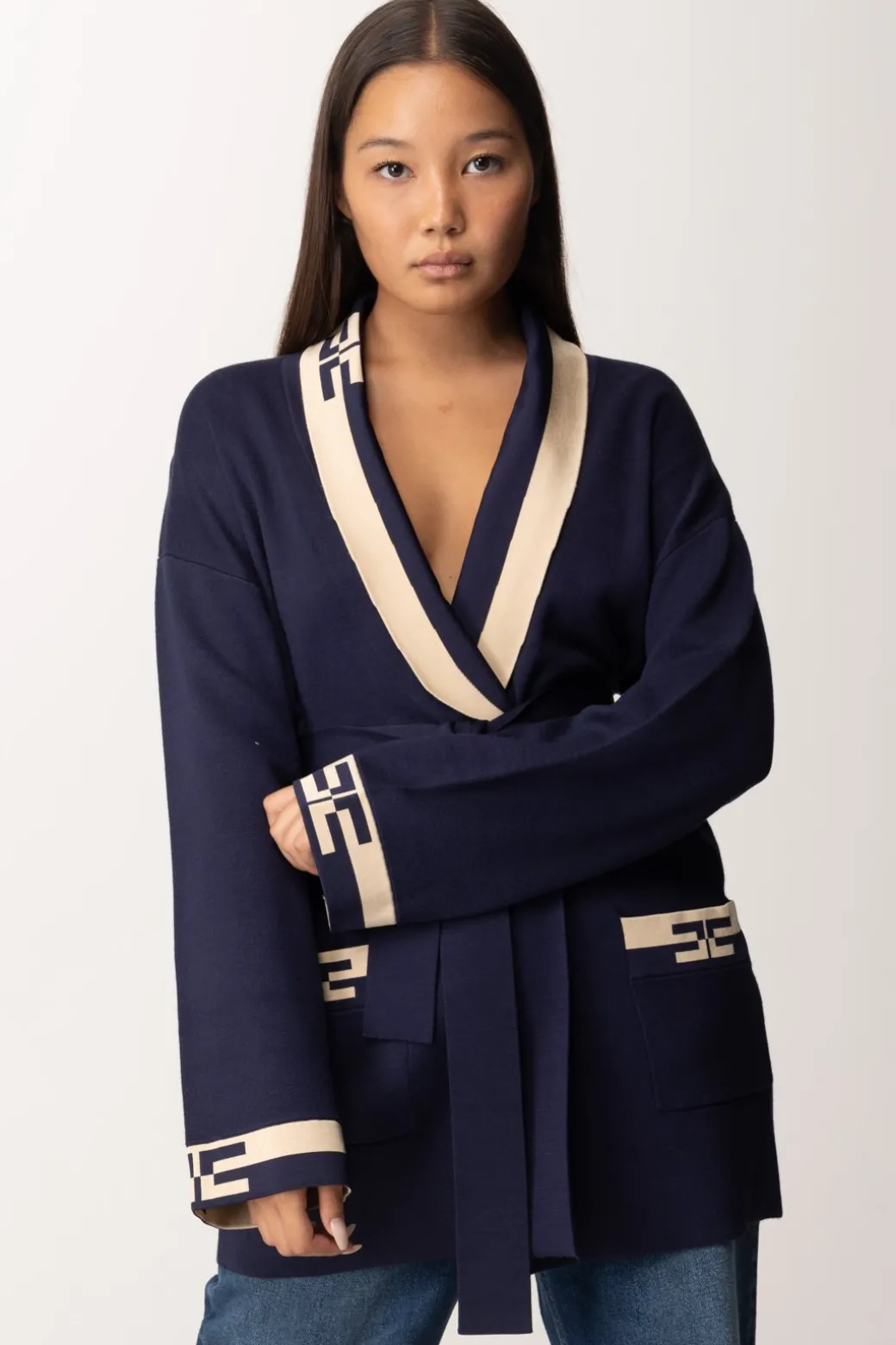 Elisabetta Franchi Cardigan con Bande LogoNAVY/CREMA
