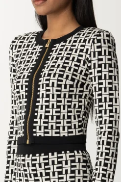 Elisabetta Franchi Cardigan Corto In Viscosa Stampa LogoNERO/BURRO
