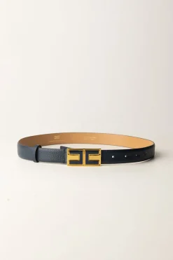 Elisabetta Franchi Cintura Sottile In Pelle con Logo SmaltatoNAVY