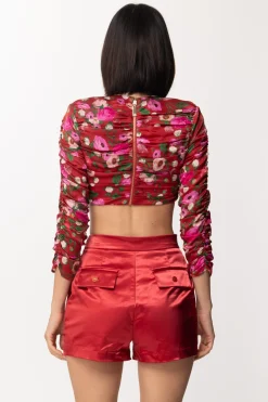 Elisabetta Franchi Crop Top Drappeggiato con Stampa BoquetRED VELVET