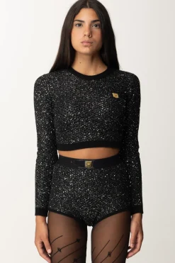 Elisabetta Franchi Crop Top In Lana con PaillettesNERO/SILVER