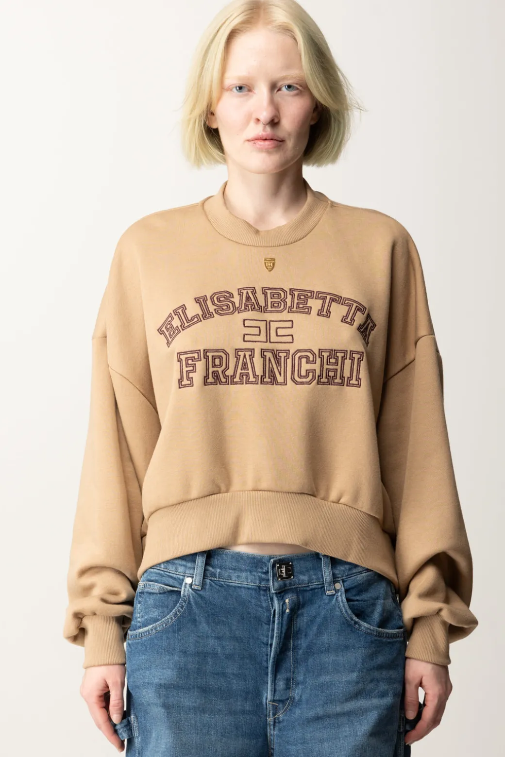 Elisabetta Franchi Felpa Cropped con Logo CollegeCAMEL