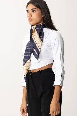 Elisabetta Franchi Foulard In Seta a Righe Diagonali e LogoNAVY/CREMA