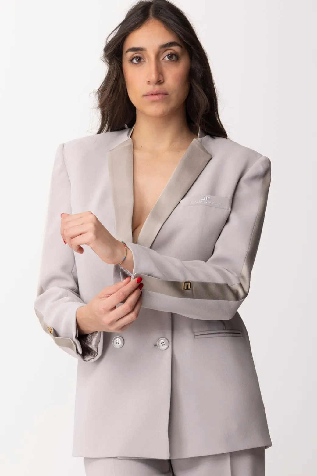Elisabetta Franchi Giacca Doppiopetto con Revers In RasoPERLA
