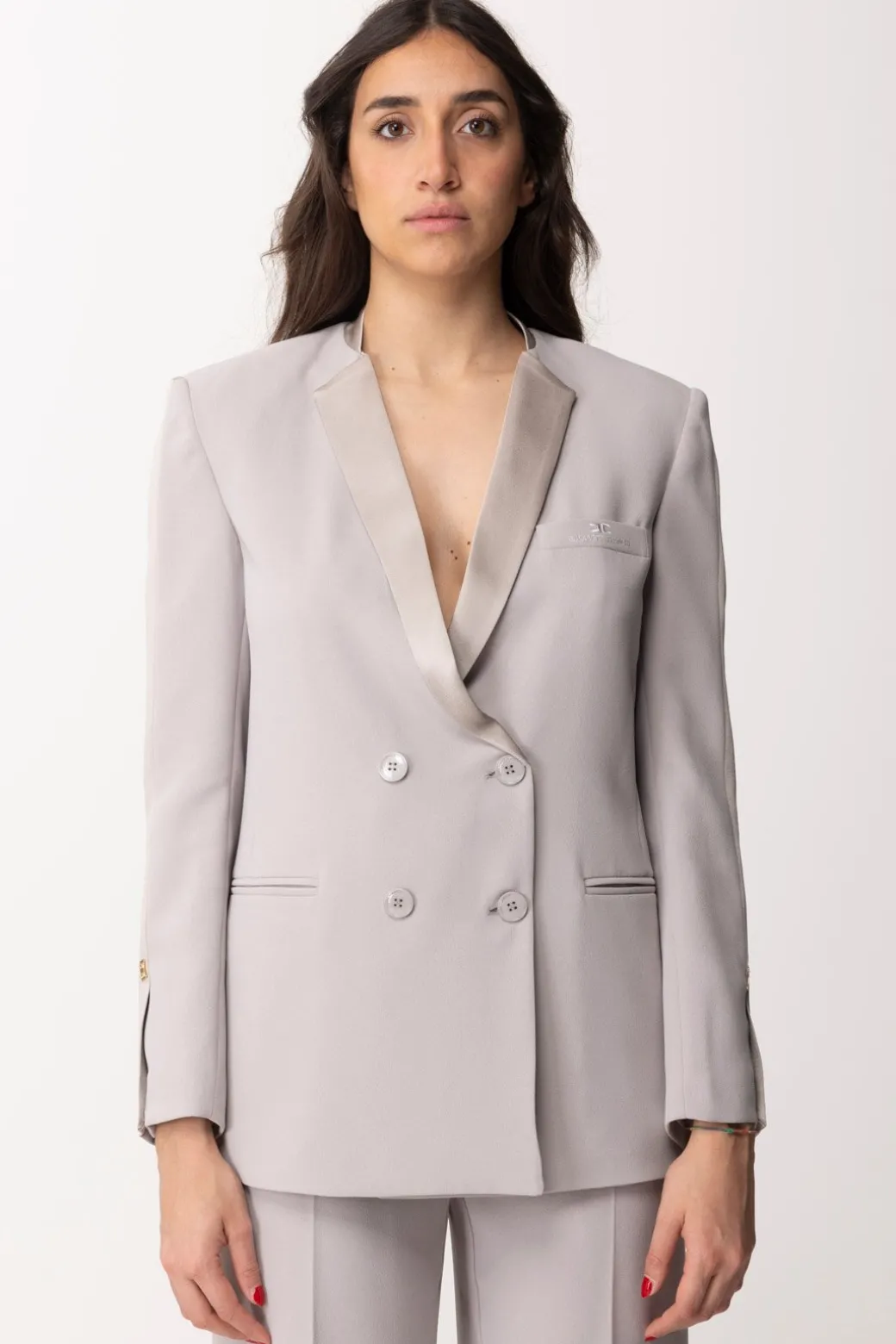 Elisabetta Franchi Giacca Doppiopetto con Revers In RasoPERLA