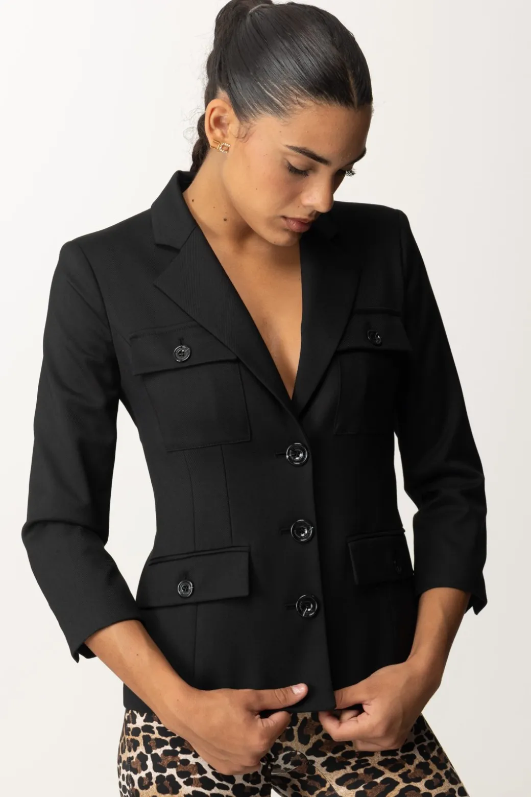 Elisabetta Franchi Giacca In Fresco Lana con Maniche a 3/4NERO