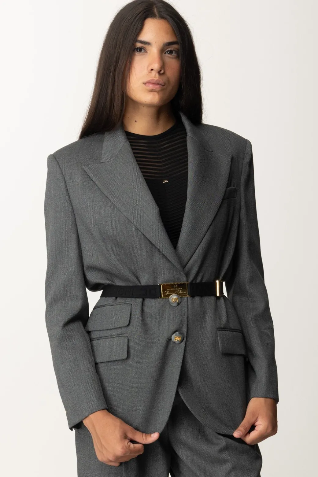 Elisabetta Franchi Giacca In Fresco Lana con CinturaSTEEL MELANGE