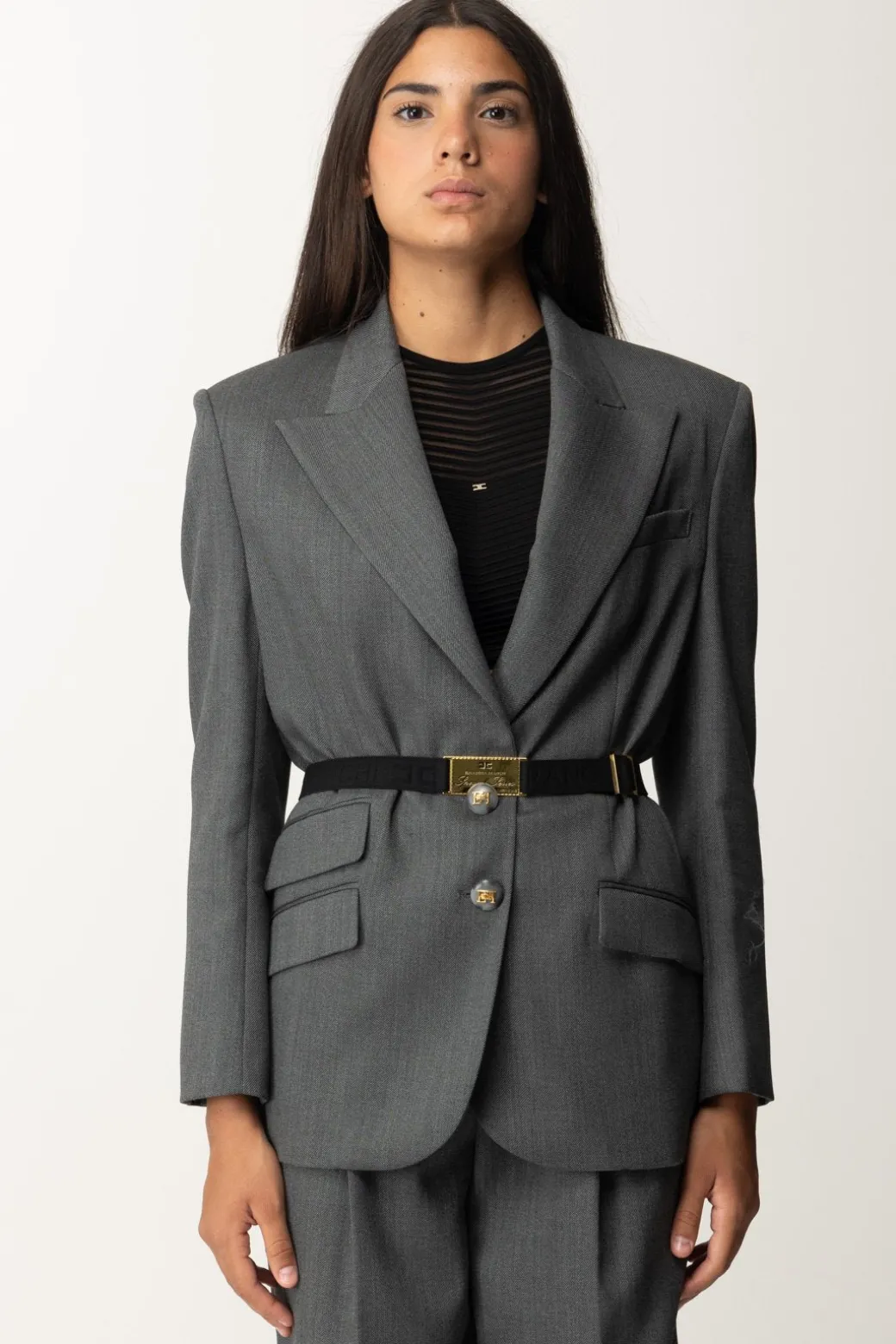 Elisabetta Franchi Giacca In Fresco Lana con CinturaSTEEL MELANGE
