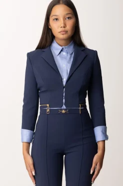 Elisabetta Franchi Giacca Crop con Zip e Maniche a Tre QuartiNAVY
