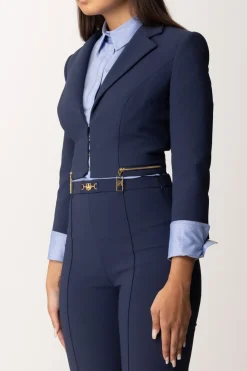 Elisabetta Franchi Giacca Crop con Zip e Maniche a Tre QuartiNAVY