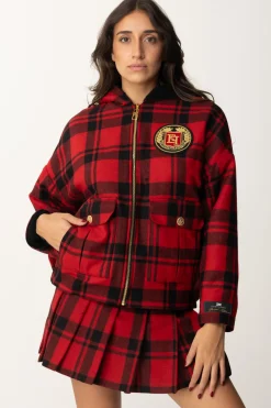 Elisabetta Franchi Giubbotto In Tartan con Cappuccio e PatchRED PASSION/NERO