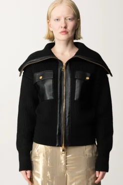 Elisabetta Franchi Giubbotto Tricot con Inserti In Pelle SinteticaNERO