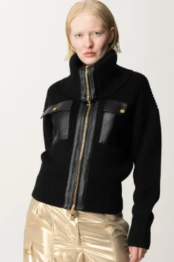 Elisabetta Franchi Giubbotto Tricot con Inserti In Pelle SinteticaNERO