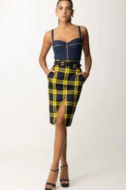 Elisabetta Franchi Gonna Tartan a Tubino con CinturaNAVY/MIMOSA