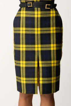Elisabetta Franchi Gonna Tartan a Tubino con CinturaNAVY/MIMOSA