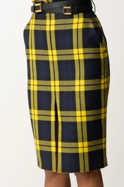 Elisabetta Franchi Gonna Tartan a Tubino con CinturaNAVY/MIMOSA