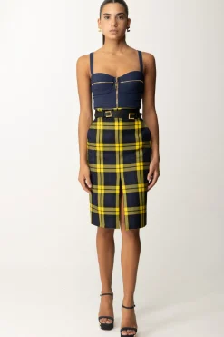 Elisabetta Franchi Gonna Tartan a Tubino con CinturaNAVY/MIMOSA