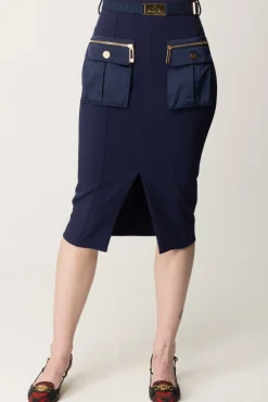Elisabetta Franchi Gonna a Tubino con Cintura e TasconiNAVY